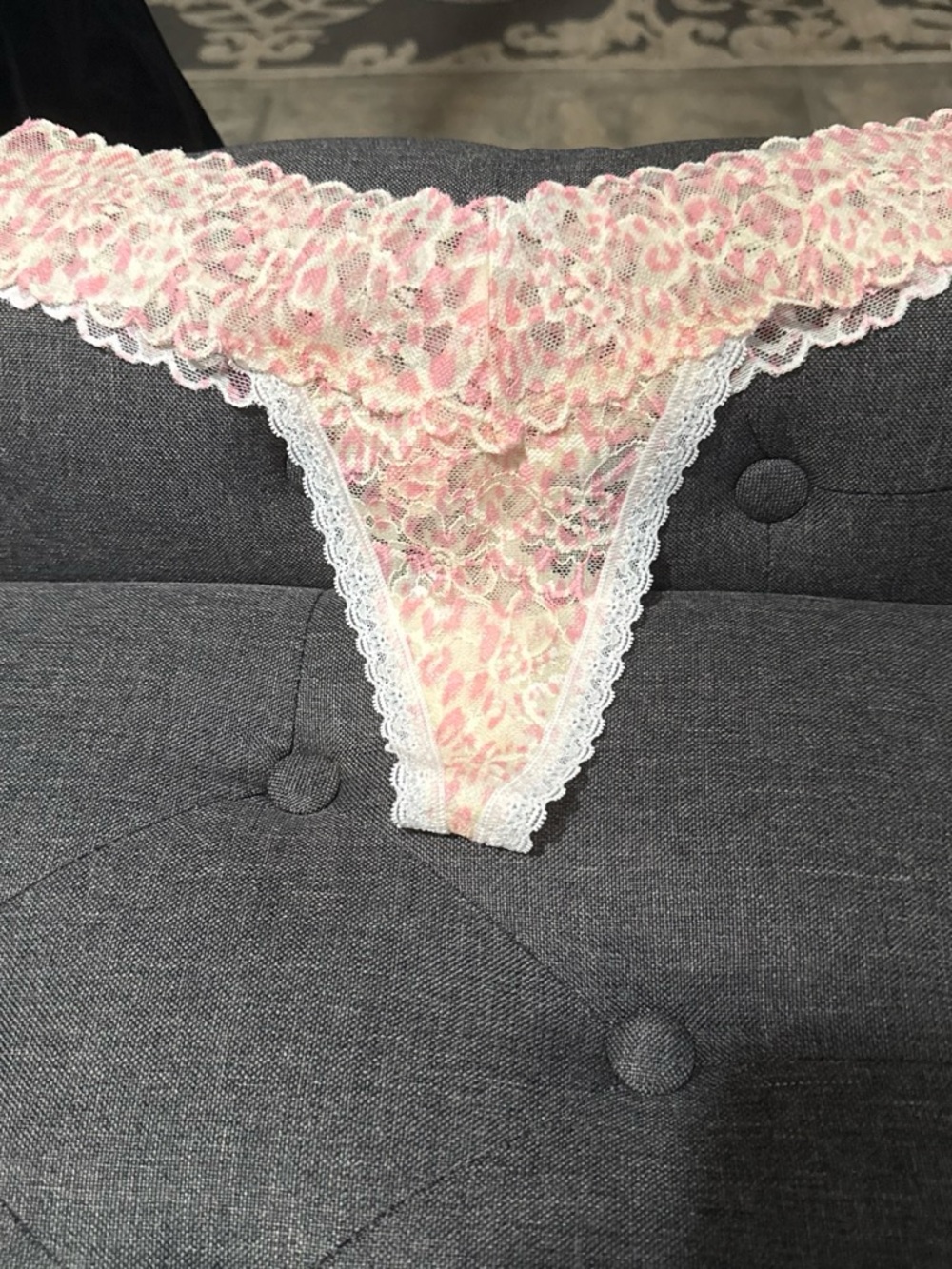 Victoria's Secret Lace Thong in Pink Leopard with White Trim